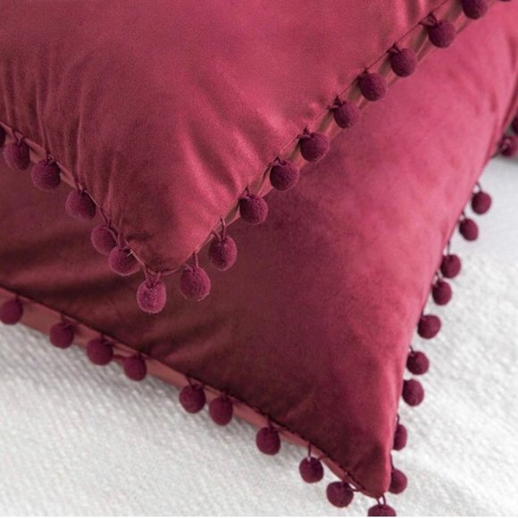 (Only Covers) Set of 2 Poms Poms Velvet Decorative Pillow Covers, Dark Red - Picture 2 of 2